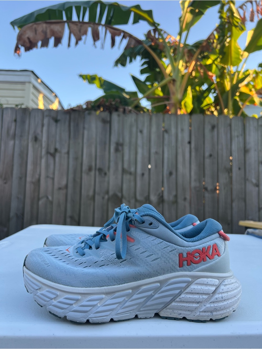 Women’s Hoka Gaviota 4 Light Blue Running Shoes with Coral Logo size 7.5D wide